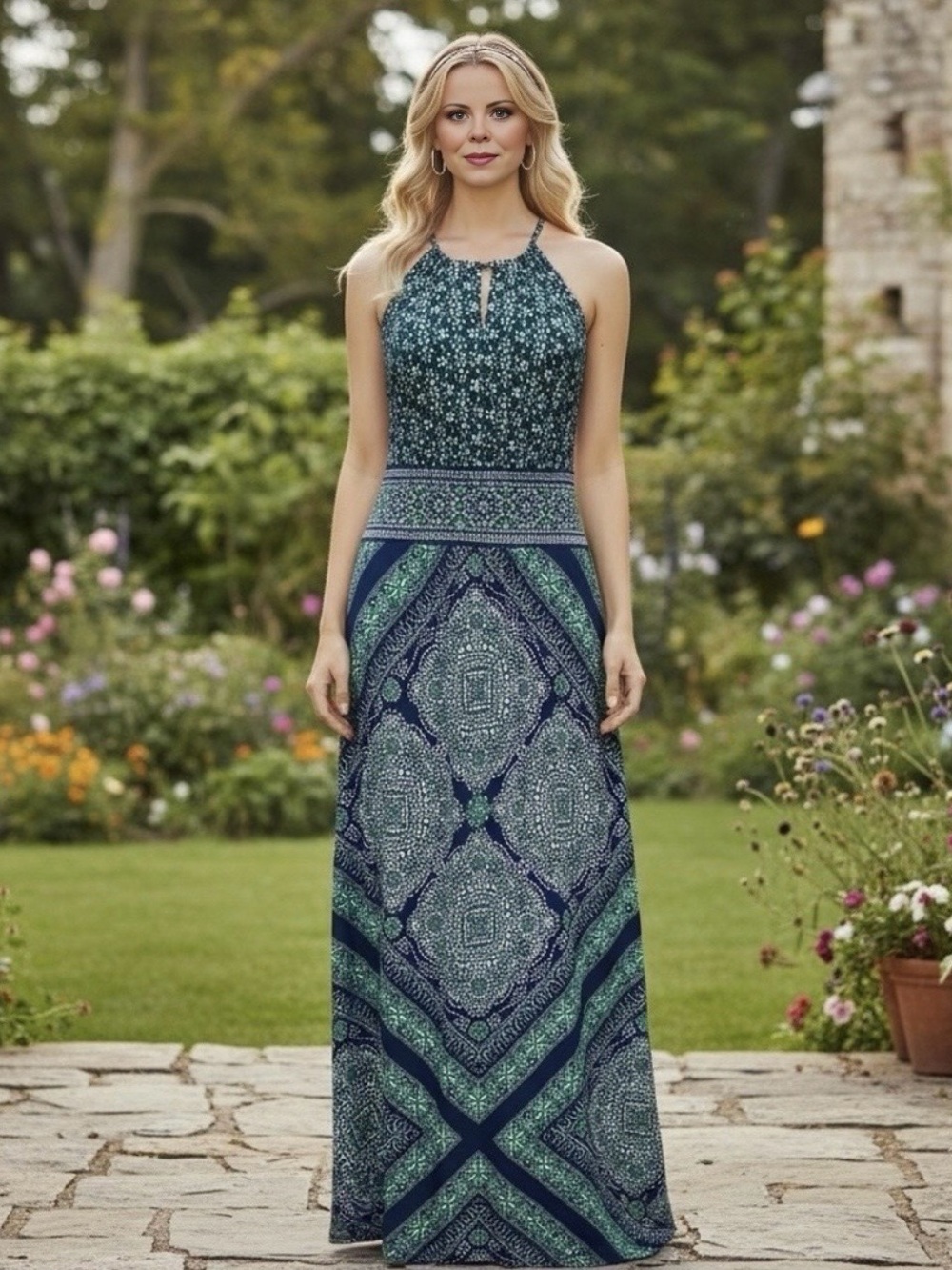 London Style Ladies Halter Top Maxi Dress Sz 10 Green Blue & White Print